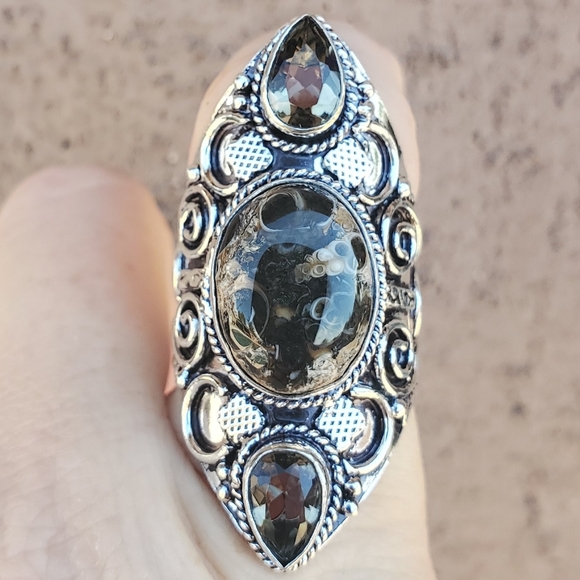 New Turtella Agate Fossil and Smoky Quartz 925 Silver Statement Ring. - Picture 7 of 7